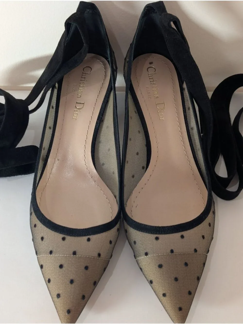 Christian Dior Black Mesh Suede Polka Dot Kitten Heel Pumps, Size 38